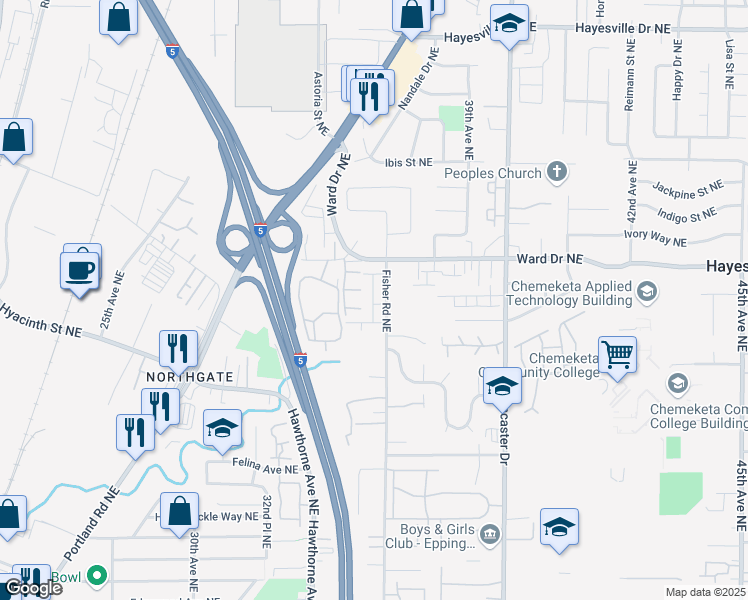 map of restaurants, bars, coffee shops, grocery stores, and more near 3458 Gulfport Street Northeast in Salem