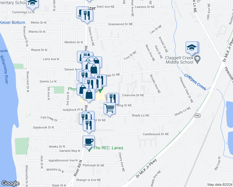 map of restaurants, bars, coffee shops, grocery stores, and more near 1085 Clearview Avenue Northeast in Keizer