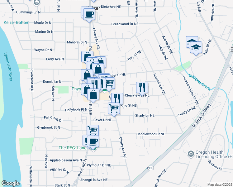 map of restaurants, bars, coffee shops, grocery stores, and more near 1085 Clearview Avenue Northeast in Keizer