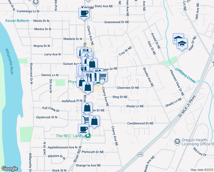 map of restaurants, bars, coffee shops, grocery stores, and more near 3816 Cherry Avenue Northeast in Keizer