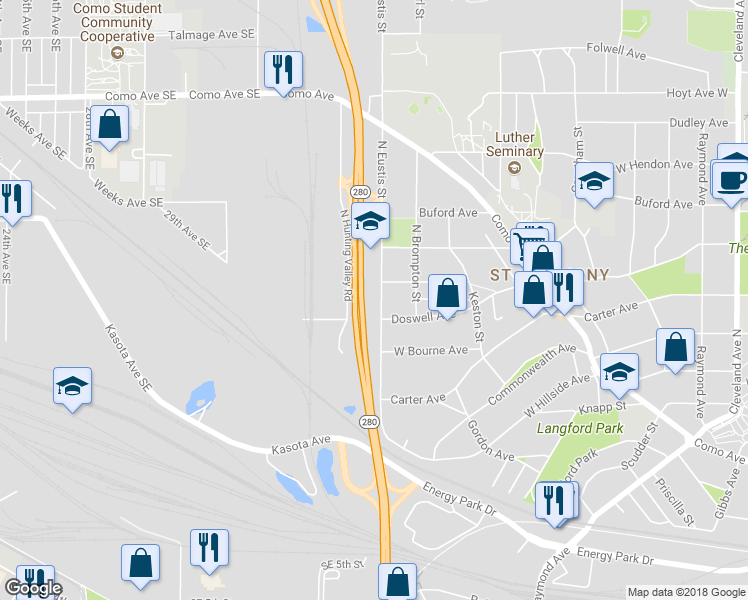 map of restaurants, bars, coffee shops, grocery stores, and more near 1365 North Eustis Street in Saint Paul