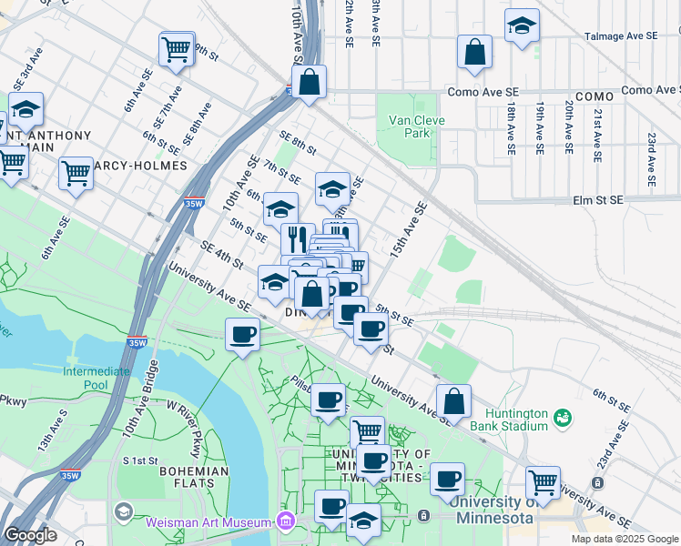 map of restaurants, bars, coffee shops, grocery stores, and more near 1313 5th Street Southeast in Minneapolis