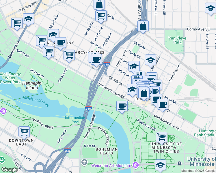 map of restaurants, bars, coffee shops, grocery stores, and more near 314 10th Avenue Southeast in Minneapolis