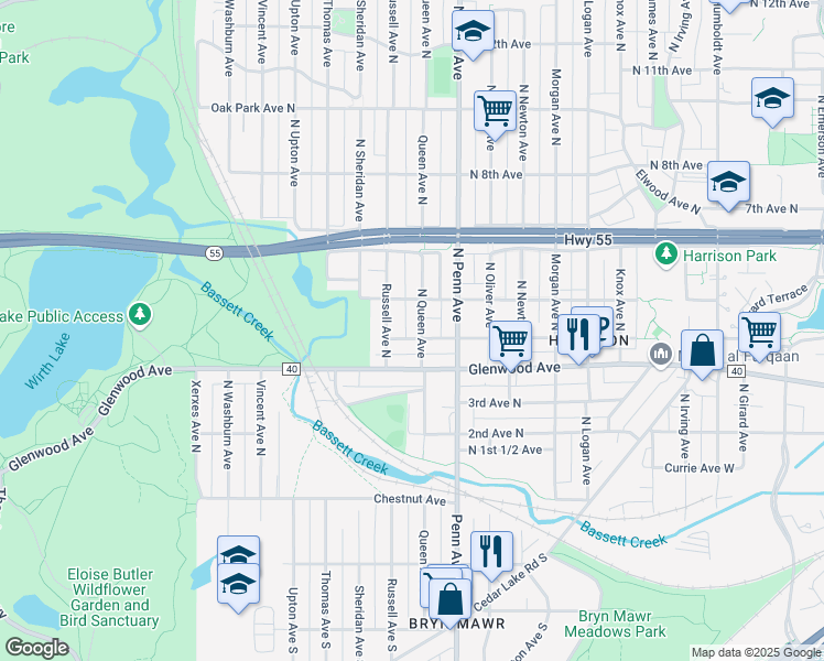 map of restaurants, bars, coffee shops, grocery stores, and more near 406 Russell Avenue North in Minneapolis