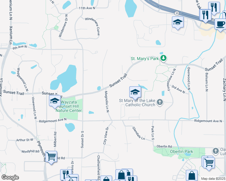 map of restaurants, bars, coffee shops, grocery stores, and more near 12311 Sunset Trail in Minneapolis
