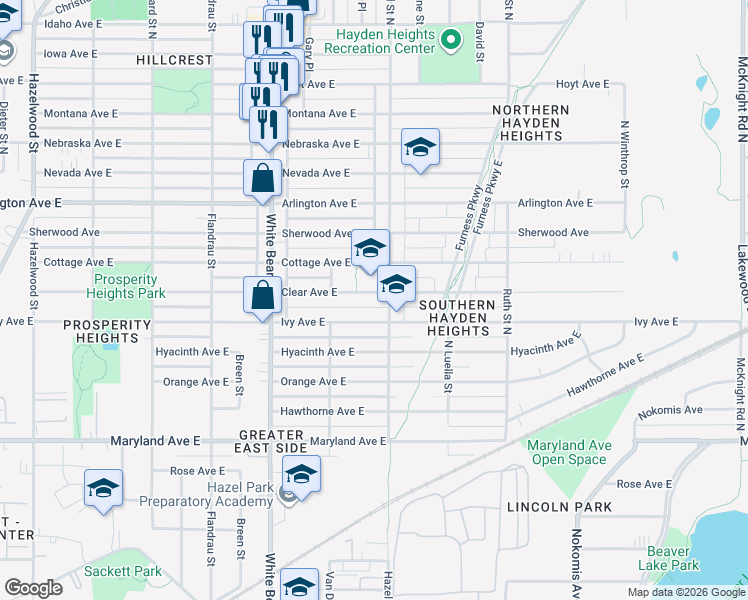 map of restaurants, bars, coffee shops, grocery stores, and more near 1878 Clear Avenue East in Saint Paul