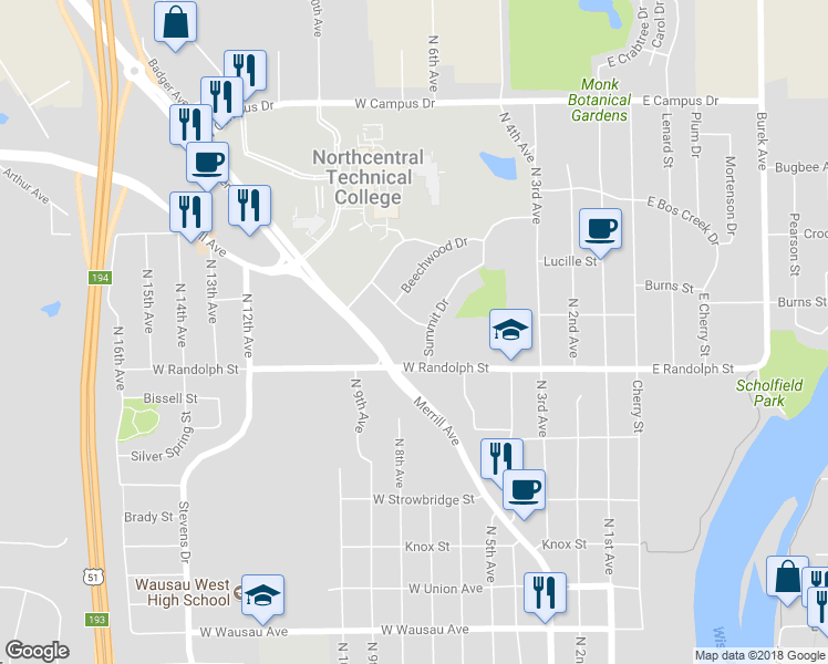 map of restaurants, bars, coffee shops, grocery stores, and more near 702 Greenfield Avenue in Wausau