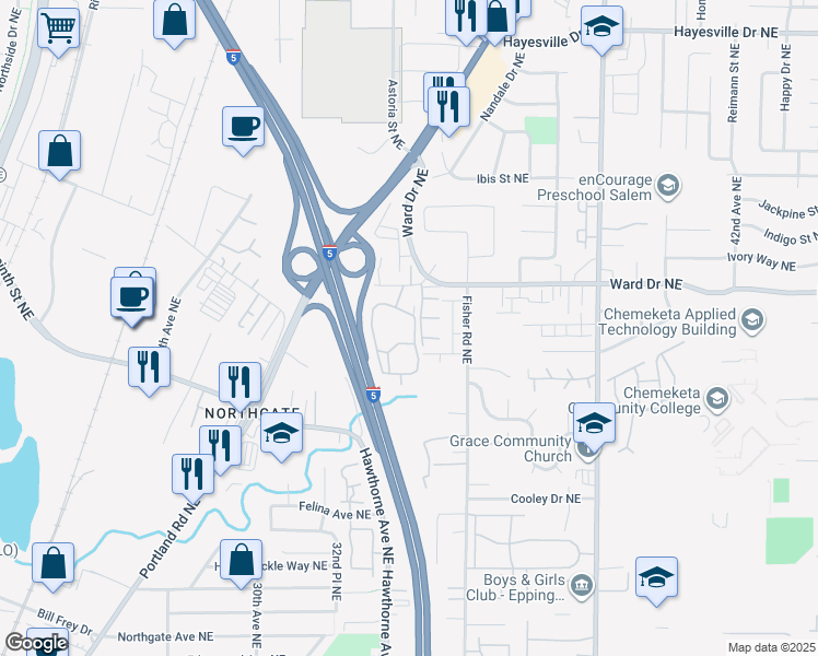 map of restaurants, bars, coffee shops, grocery stores, and more near 4368 Kacey Circle in Salem