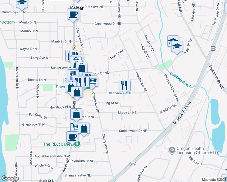 map of restaurants, bars, coffee shops, grocery stores, and more near 1165 Clearview Avenue Northeast in Keizer