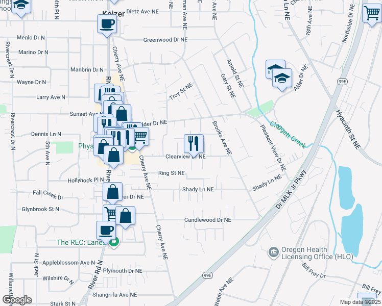 map of restaurants, bars, coffee shops, grocery stores, and more near 1225 Clearview Avenue Northeast in Keizer