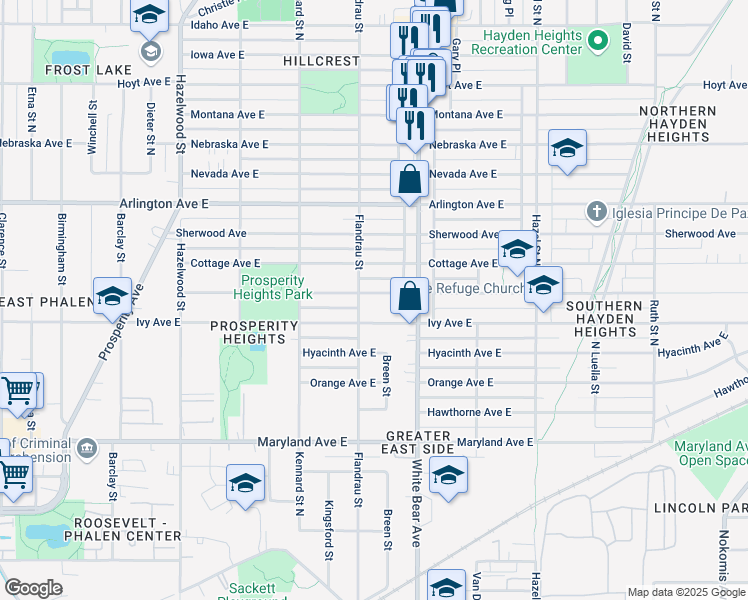 map of restaurants, bars, coffee shops, grocery stores, and more near 1734 Clear Avenue East in Saint Paul