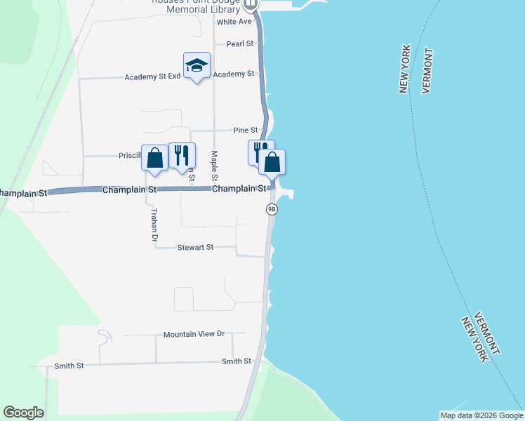map of restaurants, bars, coffee shops, grocery stores, and more near 2 Fairbanks Road in Champlain