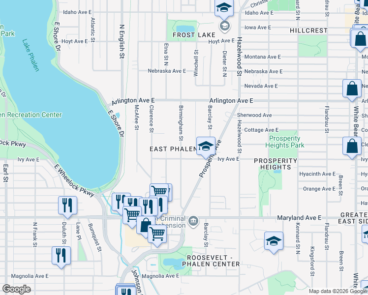 map of restaurants, bars, coffee shops, grocery stores, and more near 1344 Birmingham Street in Saint Paul
