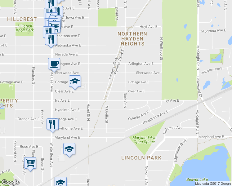 map of restaurants, bars, coffee shops, grocery stores, and more near 1988 Clear Avenue East in Saint Paul
