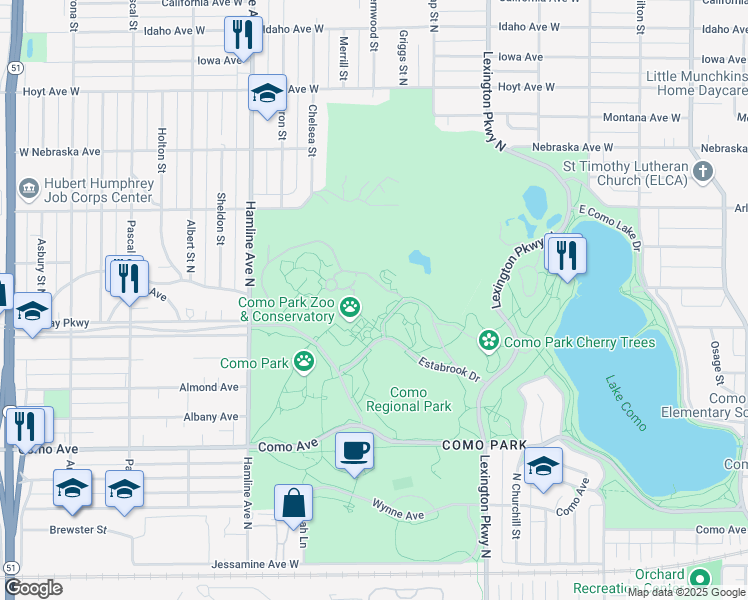 map of restaurants, bars, coffee shops, grocery stores, and more near 1225 Estabrook Drive in Saint Paul