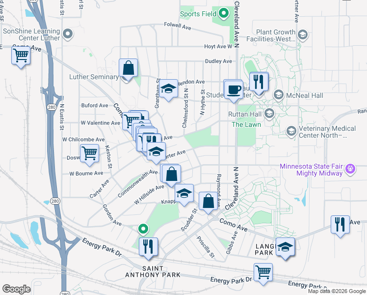 map of restaurants, bars, coffee shops, grocery stores, and more near 2163 Carter Avenue in Saint Paul