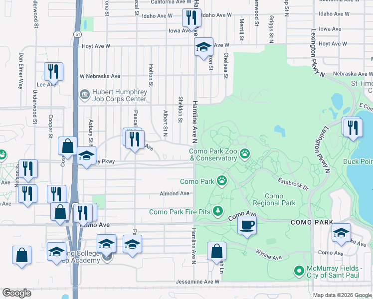map of restaurants, bars, coffee shops, grocery stores, and more near 1360 Frankson Avenue in Saint Paul