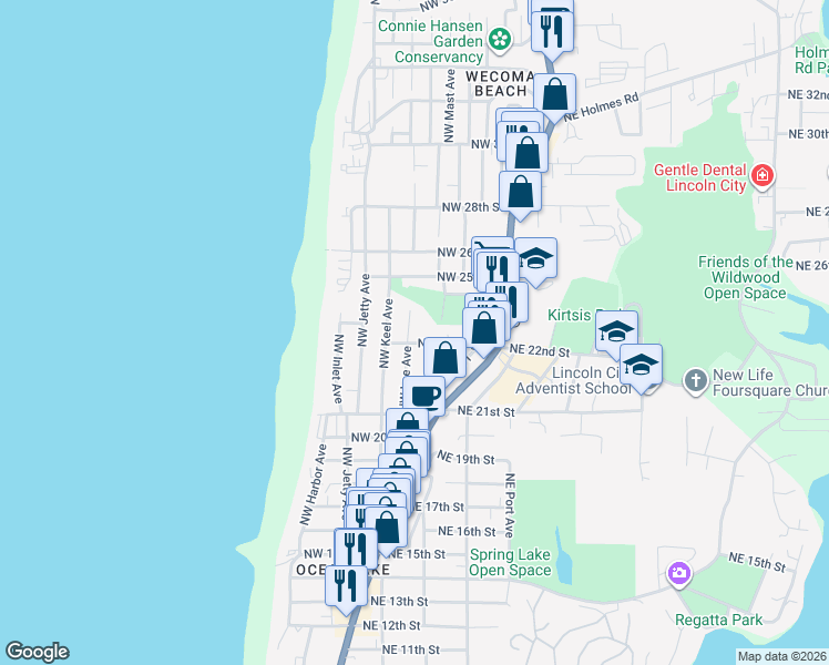 map of restaurants, bars, coffee shops, grocery stores, and more near 2226 Northwest Lee Avenue in Lincoln City