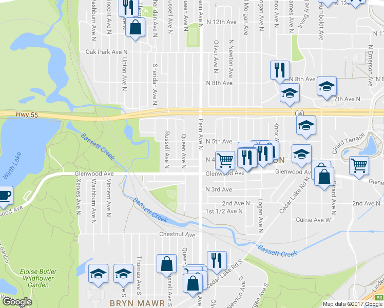 map of restaurants, bars, coffee shops, grocery stores, and more near 2214 North 4th Avenue in Minneapolis