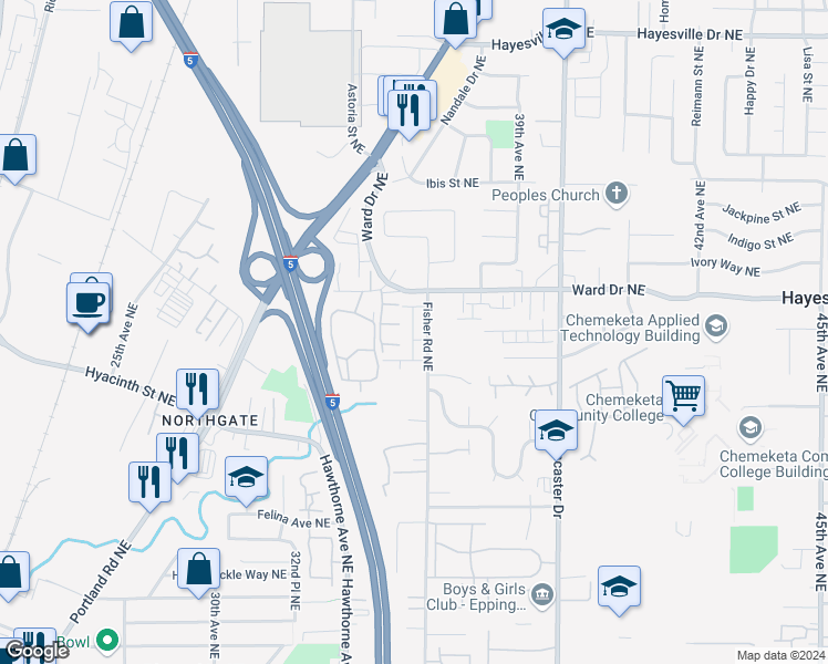 map of restaurants, bars, coffee shops, grocery stores, and more near 3458 Gulfport Street Northeast in Salem