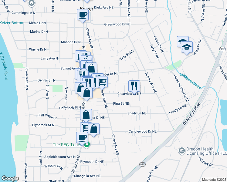 map of restaurants, bars, coffee shops, grocery stores, and more near 1085 Clearview Avenue Northeast in Keizer