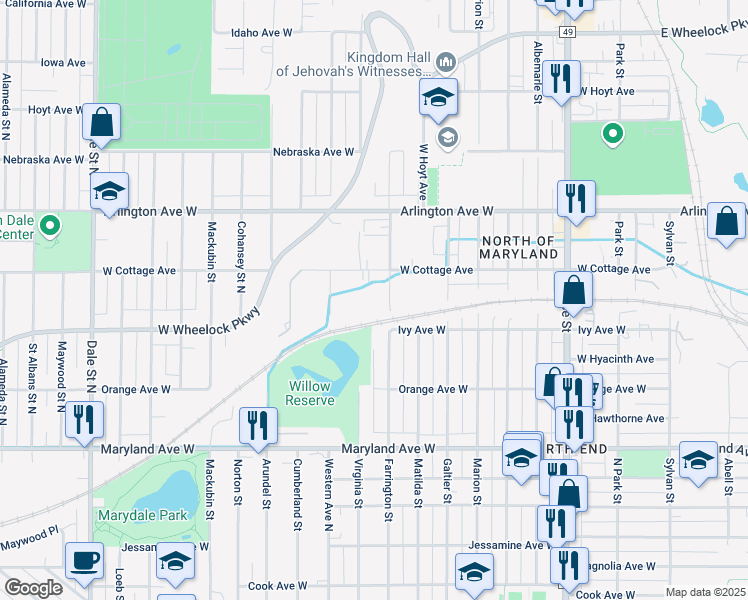 map of restaurants, bars, coffee shops, grocery stores, and more near 1355 Farrington Street in Saint Paul