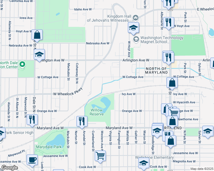 map of restaurants, bars, coffee shops, grocery stores, and more near 1360 Western Avenue North in Saint Paul