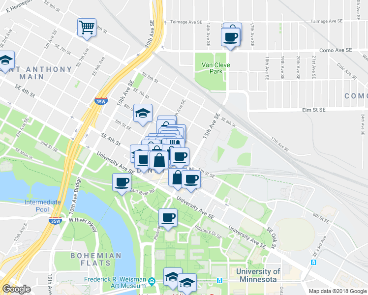 map of restaurants, bars, coffee shops, grocery stores, and more near 1408 6th Street Southeast in Minneapolis