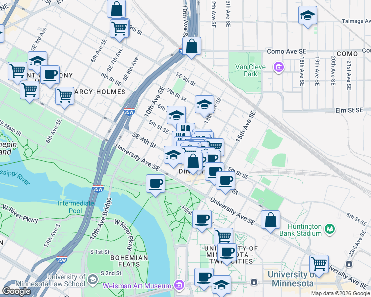 map of restaurants, bars, coffee shops, grocery stores, and more near 425 13th Avenue Southeast in Minneapolis