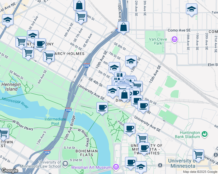 map of restaurants, bars, coffee shops, grocery stores, and more near 409 12th Avenue Southeast in Minneapolis