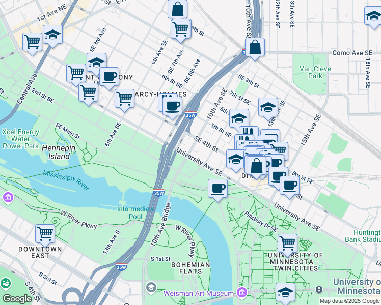 map of restaurants, bars, coffee shops, grocery stores, and more near 314 10th Avenue Southeast in Minneapolis