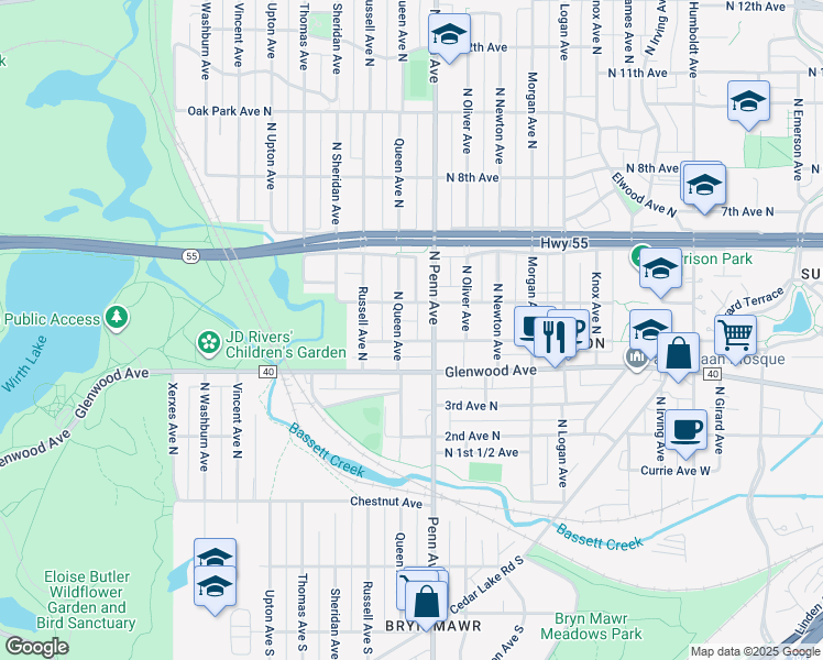 map of restaurants, bars, coffee shops, grocery stores, and more near 2214 North 4th Avenue in Minneapolis