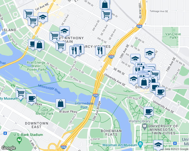 map of restaurants, bars, coffee shops, grocery stores, and more near 807 2nd Street Southeast in Minneapolis