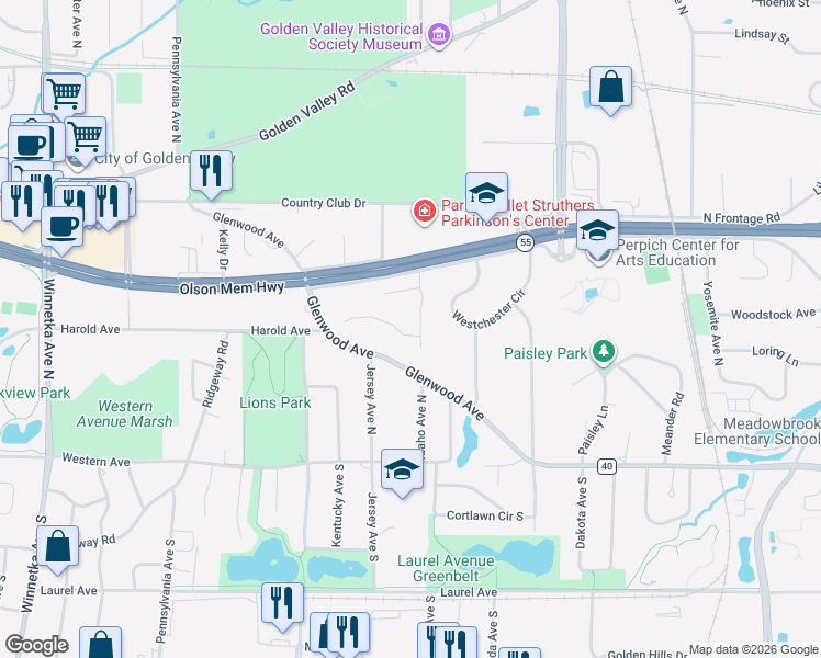 map of restaurants, bars, coffee shops, grocery stores, and more near 6810 Harold Avenue in Minneapolis