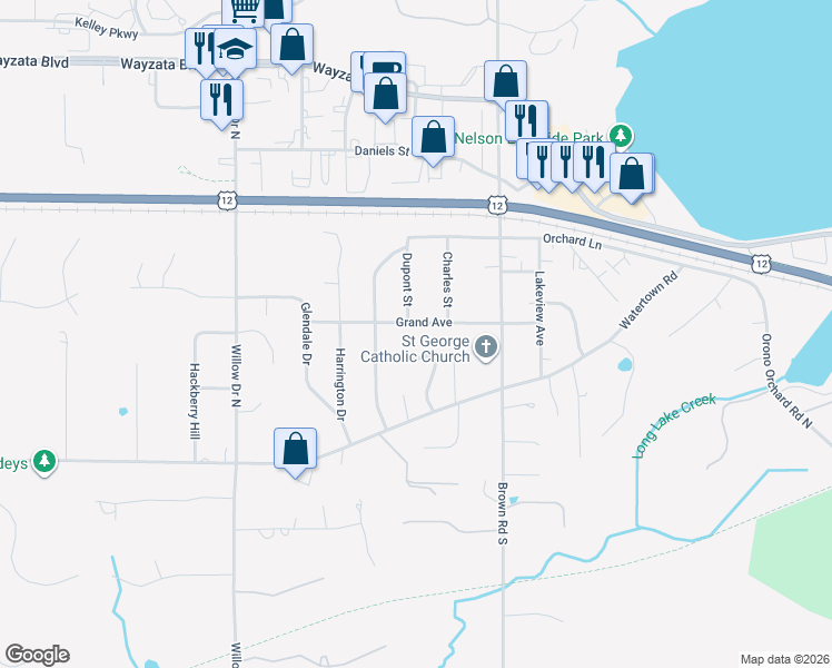 map of restaurants, bars, coffee shops, grocery stores, and more near 2157 Grand Avenue in Long Lake