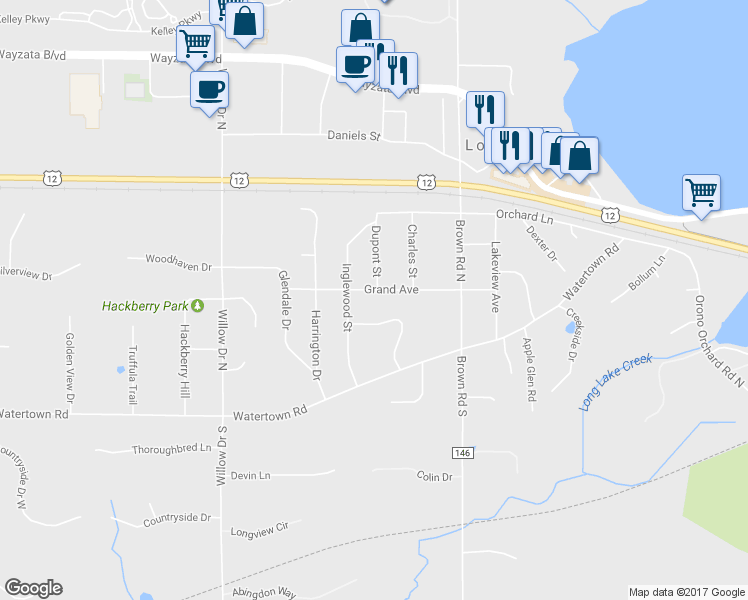 map of restaurants, bars, coffee shops, grocery stores, and more near 2157 Grand Avenue in Long Lake