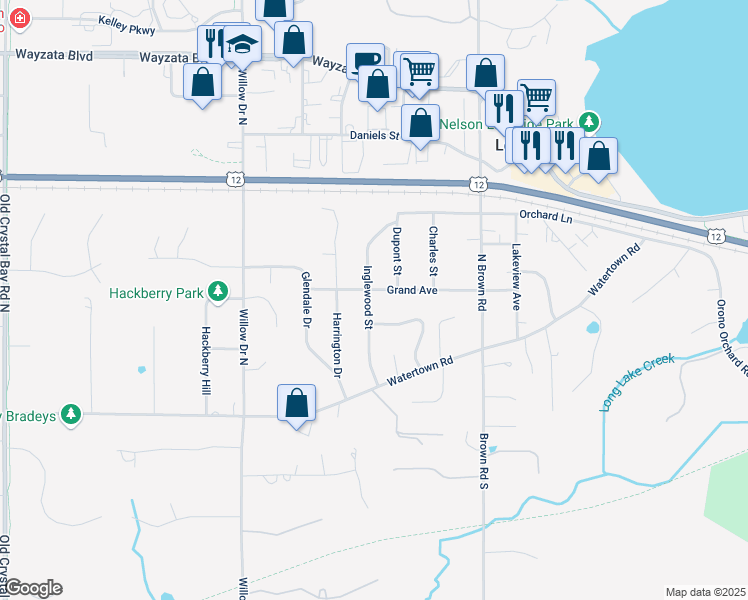 map of restaurants, bars, coffee shops, grocery stores, and more near 2205 Grand Avenue in Long Lake