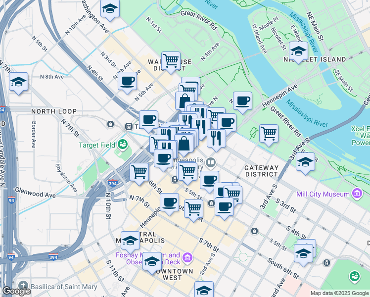 map of restaurants, bars, coffee shops, grocery stores, and more near 126 North 3rd Street in Minneapolis
