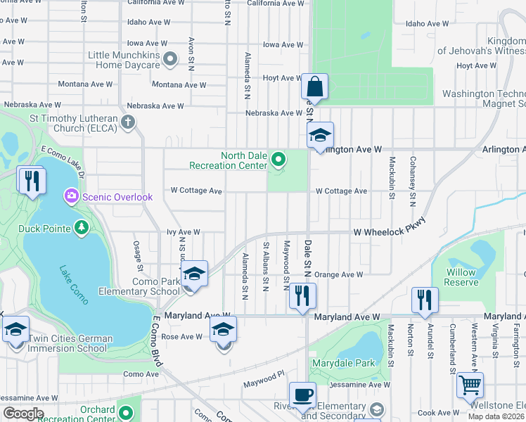 map of restaurants, bars, coffee shops, grocery stores, and more near 1356 Saint Albans Street North in Saint Paul