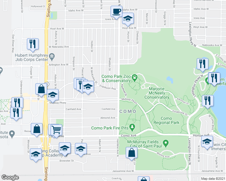 map of restaurants, bars, coffee shops, grocery stores, and more near 1360 Frankson Avenue in Saint Paul