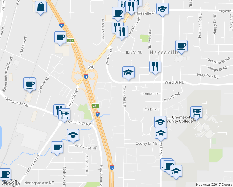 map of restaurants, bars, coffee shops, grocery stores, and more near 3458 Gulfport Street Northeast in Salem
