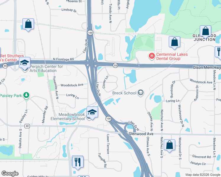 map of restaurants, bars, coffee shops, grocery stores, and more near 315 Cloverleaf Drive in Minneapolis