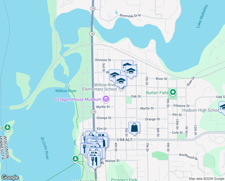 map of restaurants, bars, coffee shops, grocery stores, and more near 1119 4th Street in Hudson