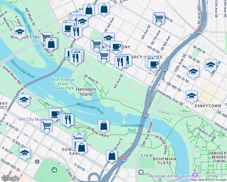 map of restaurants, bars, coffee shops, grocery stores, and more near 100 6th Avenue Southeast in Minneapolis