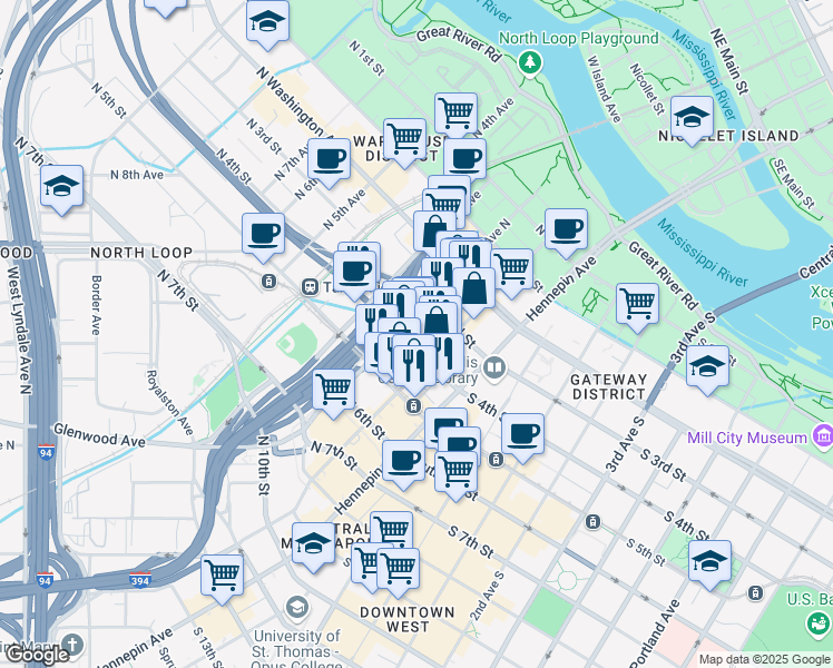 map of restaurants, bars, coffee shops, grocery stores, and more near 120 North 4th Street in Minneapolis