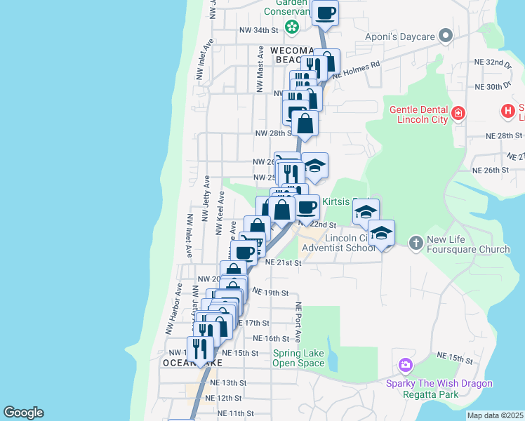 map of restaurants, bars, coffee shops, grocery stores, and more near 1731 Northwest 22nd Street in Lincoln City