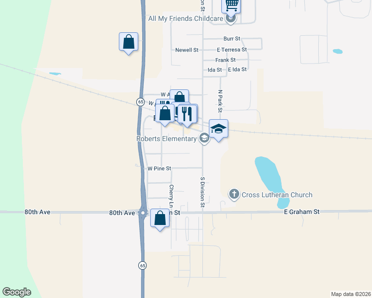 map of restaurants, bars, coffee shops, grocery stores, and more near 105 W Elm St in Roberts