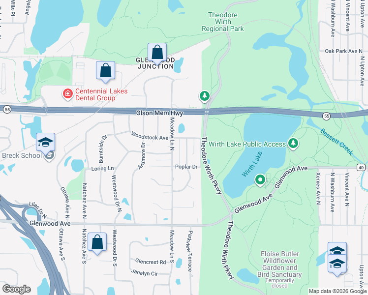 map of restaurants, bars, coffee shops, grocery stores, and more near 401 Sunnyridge Lane in Golden Valley