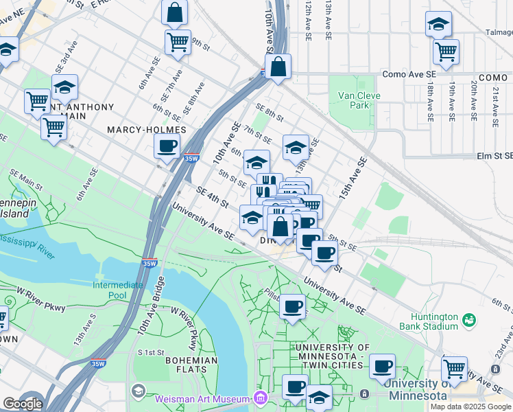 map of restaurants, bars, coffee shops, grocery stores, and more near 406 12th Avenue Southeast in Minneapolis