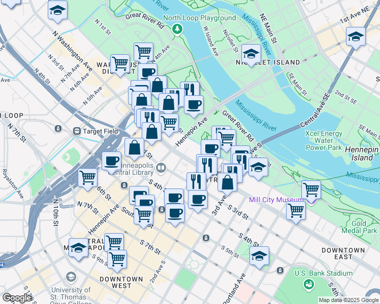map of restaurants, bars, coffee shops, grocery stores, and more near 20 South Washington Avenue in Minneapolis